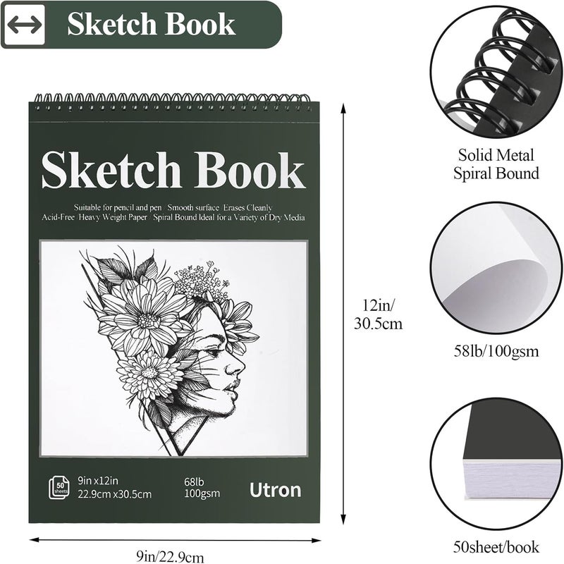 Utron 9"x12" Sketchbook Drawing, Top Spiral Sketching Pad, 100GSM/68LB Acid Free Art Sketching Pad, Drawing Paper, Beginner Artist (50 Sheets, White) - Image 2